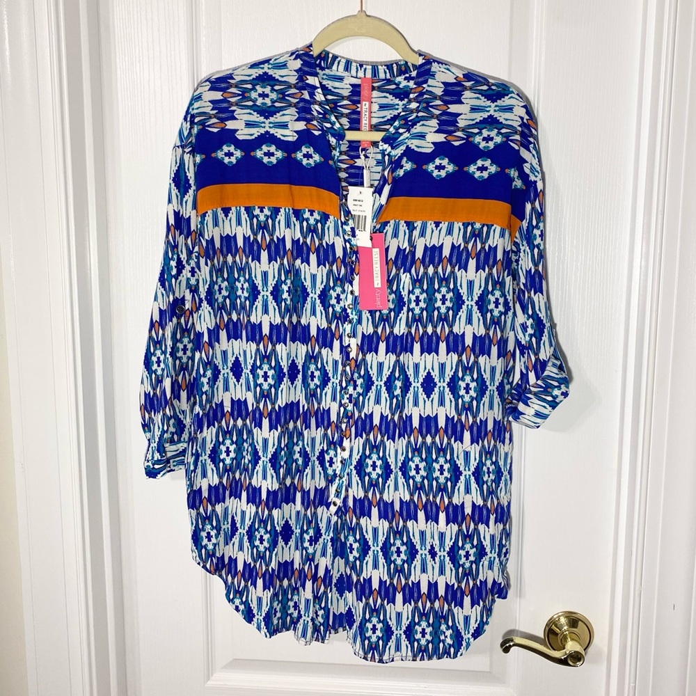 Plenty Tracy Reese Ikat Stripe Roll Tab Sleeve Henley Tunic Pockets Blue Medium